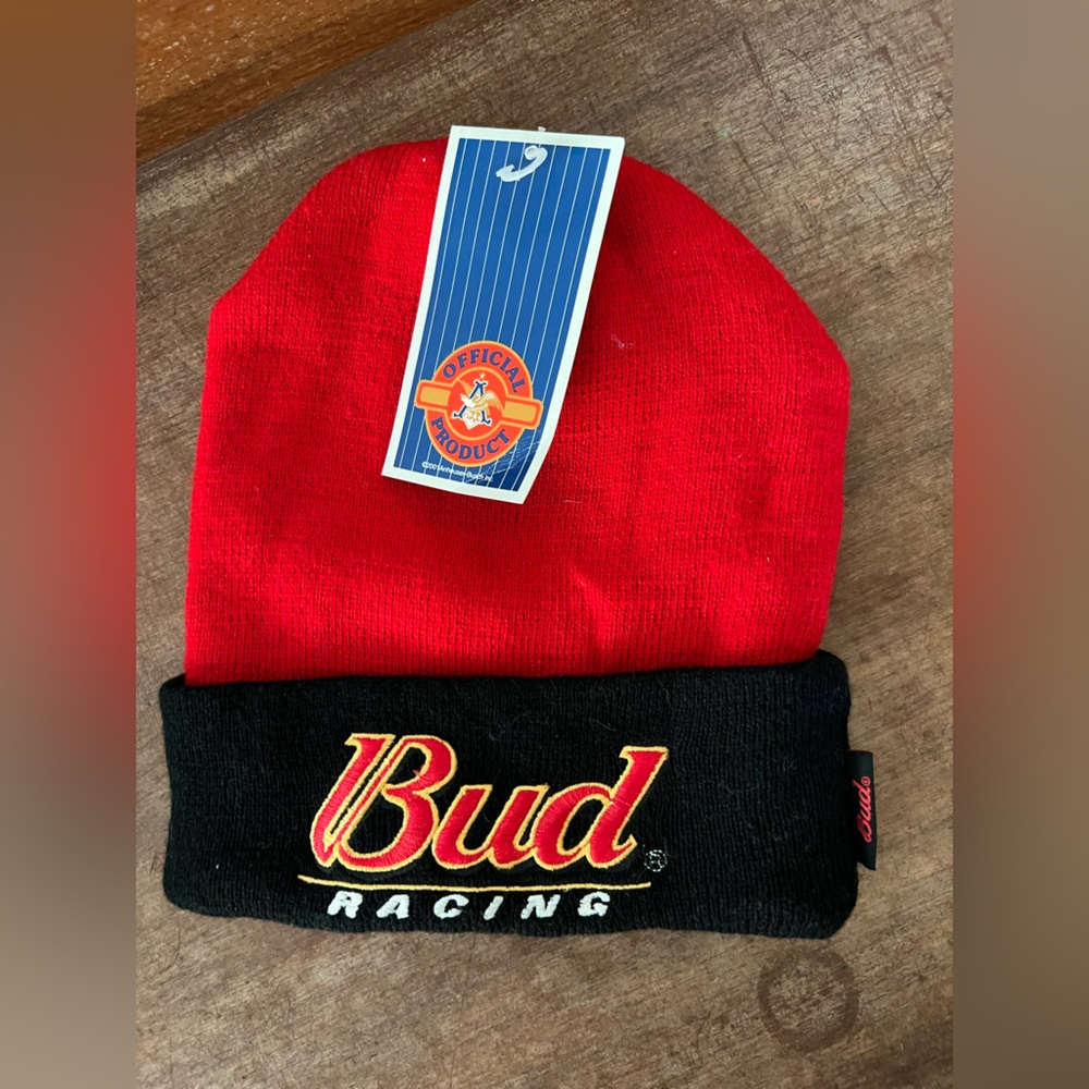 NWT vintage Bud racing beanie toboggan.  Red black.  Embroidered. NASCAR.